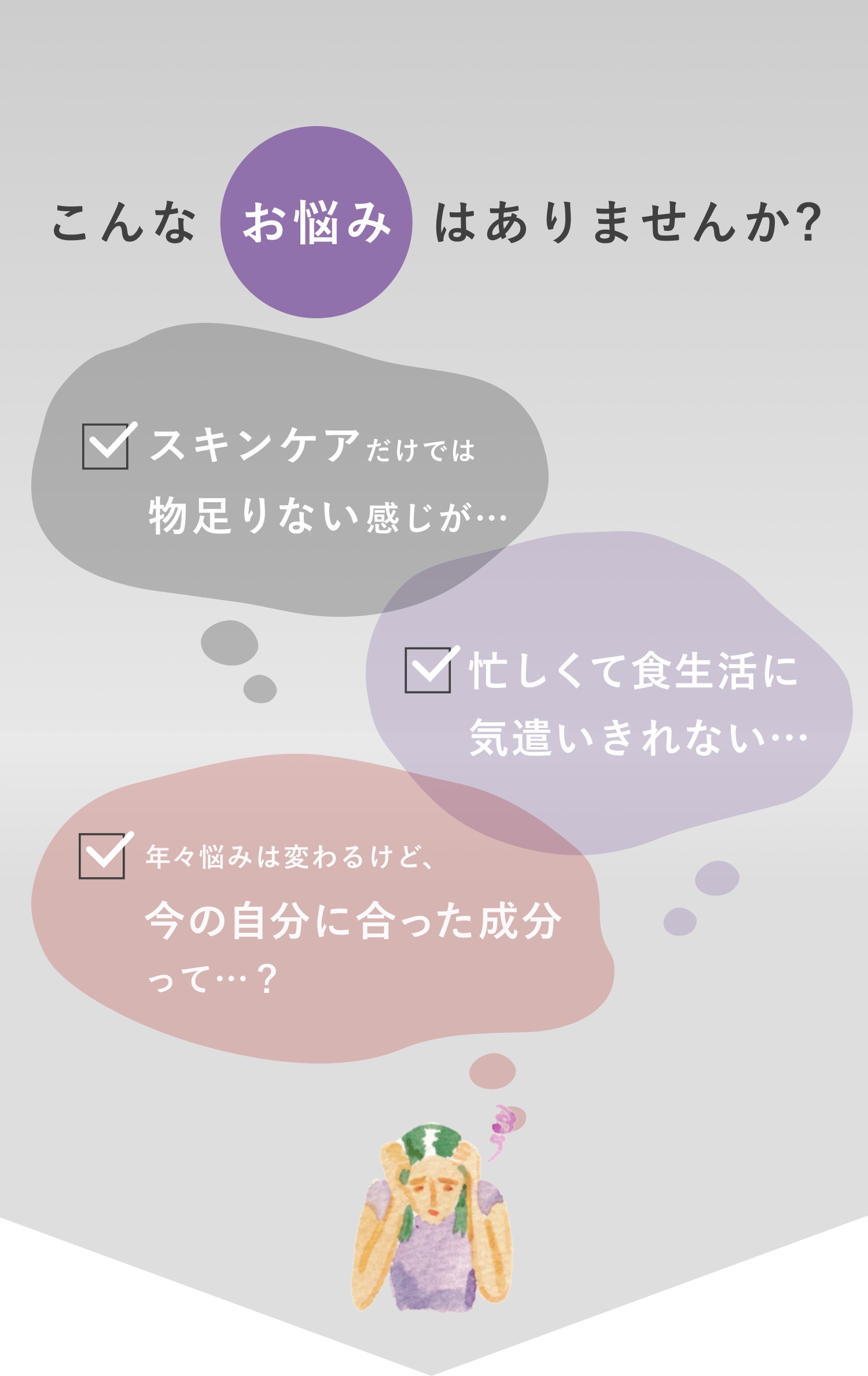 こんなお悩みはありませんか? スキンケアだけでは物足りない感じが… 忙しくて食生活に気遣いきれない… 年々悩みは変わるけど,今の自分に合った成分って…?